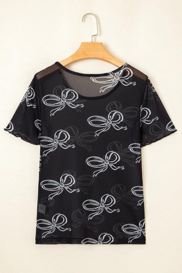 Women T Shirts | Black Bow Print Mesh Short Sleeve Top