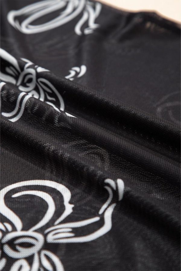 Women T Shirts | Black Bow Print Mesh Short Sleeve Top - Image 2