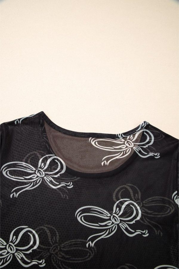 Women T Shirts | Black Bow Print Mesh Short Sleeve Top - Image 3