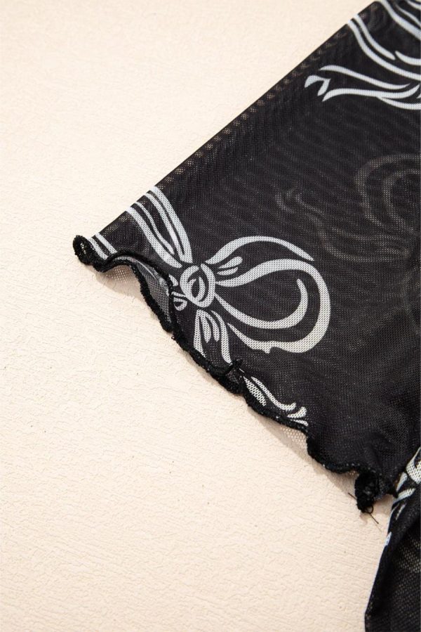 Women T Shirts | Black Bow Print Mesh Short Sleeve Top - Image 4