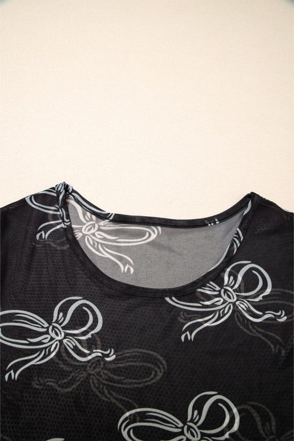 Women T Shirts | Black Bow Print Mesh Short Sleeve Top - Image 5