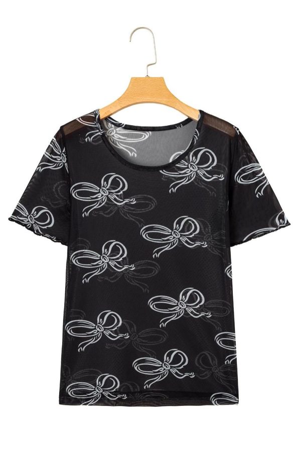 Women T Shirts | Black Bow Print Mesh Short Sleeve Top - Image 6