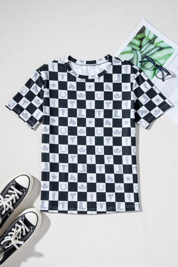 Women T Shirts | Black Checkerboard Print Side Split T Shirt - Image 2