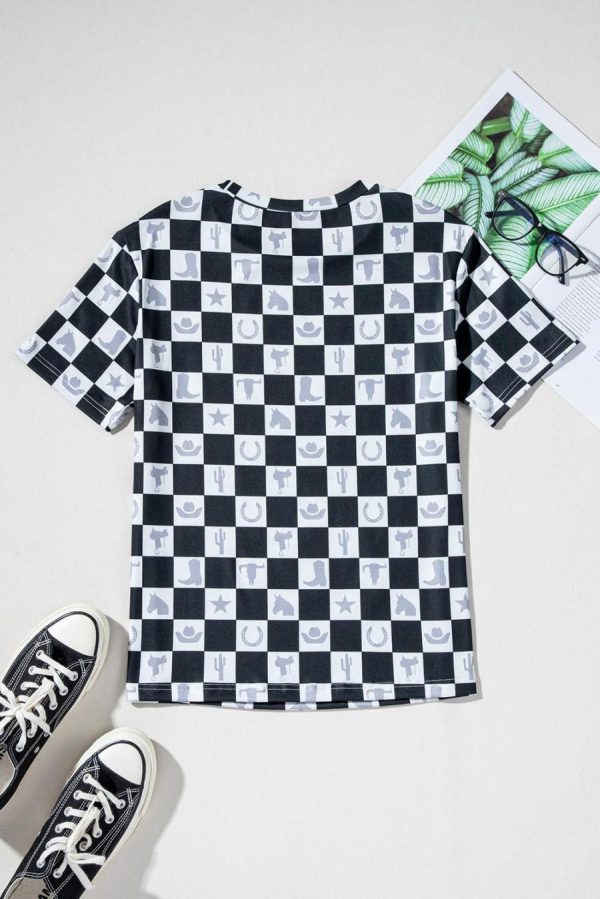 Women T Shirts | Black Checkerboard Print Side Split T Shirt - Image 3