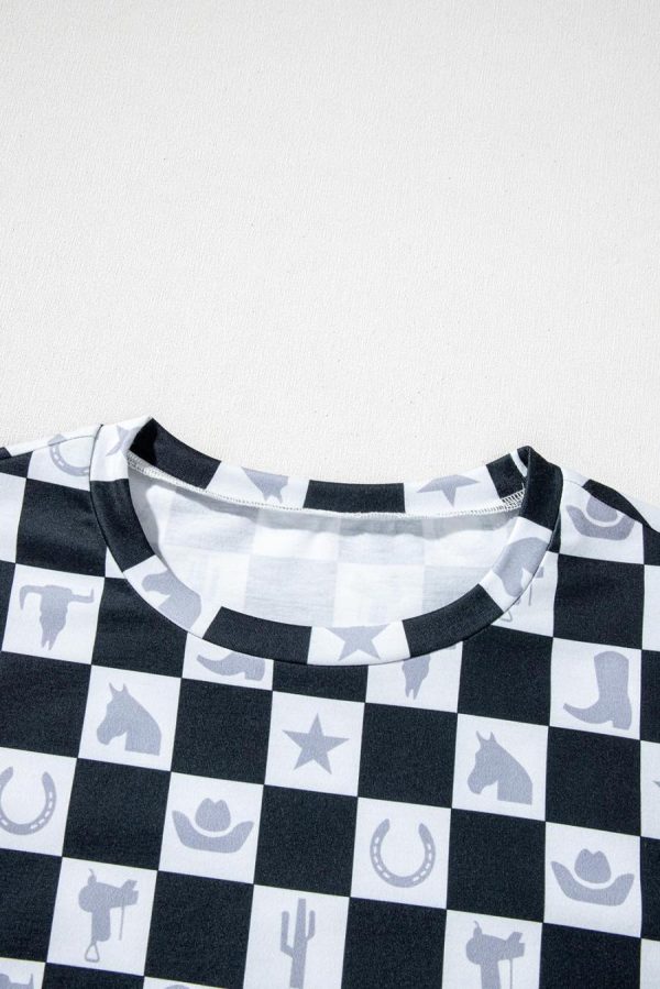 Women T Shirts | Black Checkerboard Print Side Split T Shirt - Image 4
