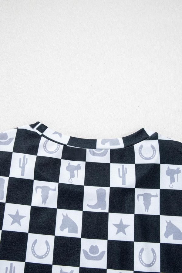 Women T Shirts | Black Checkerboard Print Side Split T Shirt - Image 5