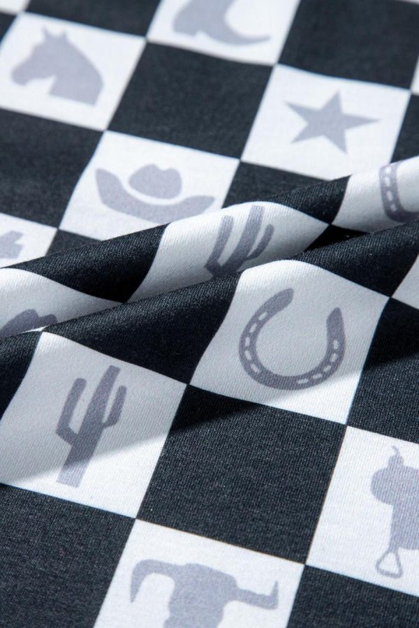 Women T Shirts | Black Checkerboard Print Side Split T Shirt - Image 7