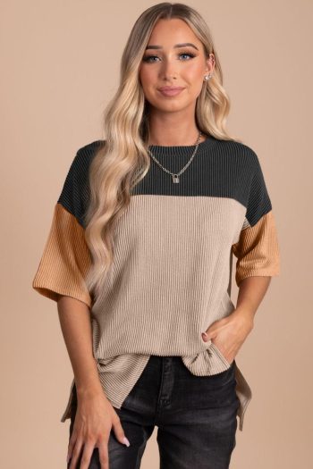 Women T Shirts | Black Color Block Ribbed Side Slits Half Sleeve Top