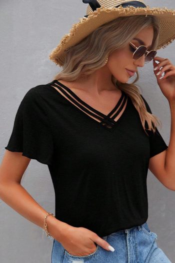 Women T Shirts | Black Crisscross V Neck Flutter Sleeve T Shirt