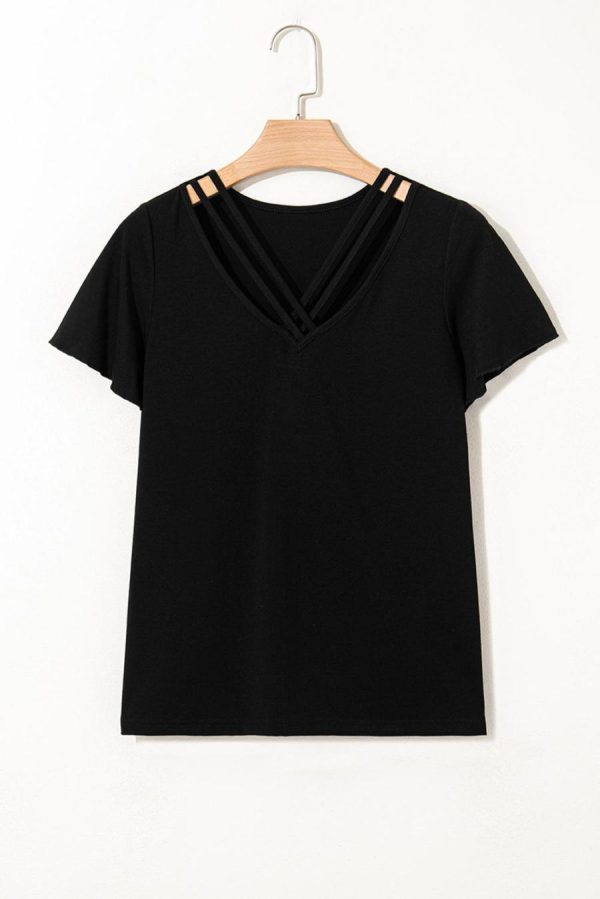 Women T Shirts | Black Crisscross V Neck Flutter Sleeve T Shirt - Image 3