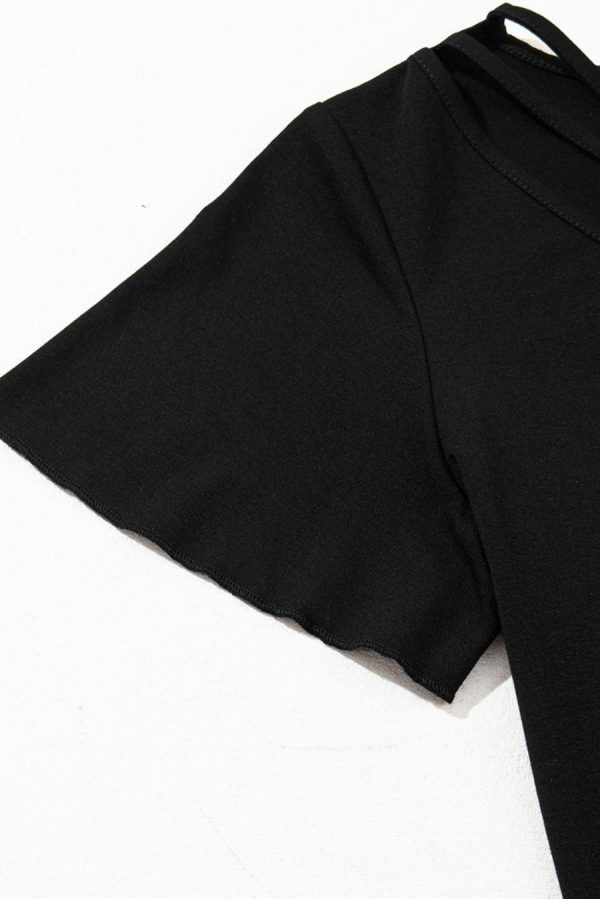 Women T Shirts | Black Crisscross V Neck Flutter Sleeve T Shirt - Image 6