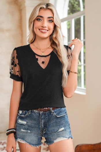 Women T Shirts | Black Floral Lace Patchwork Crew Neck T Shirt