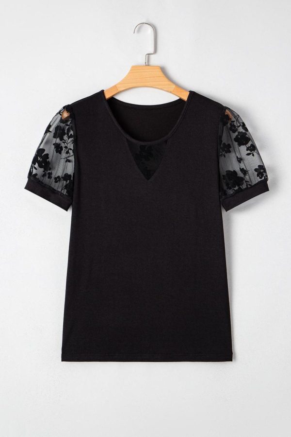 Women T Shirts | Black Floral Lace Patchwork Crew Neck T Shirt - Image 5