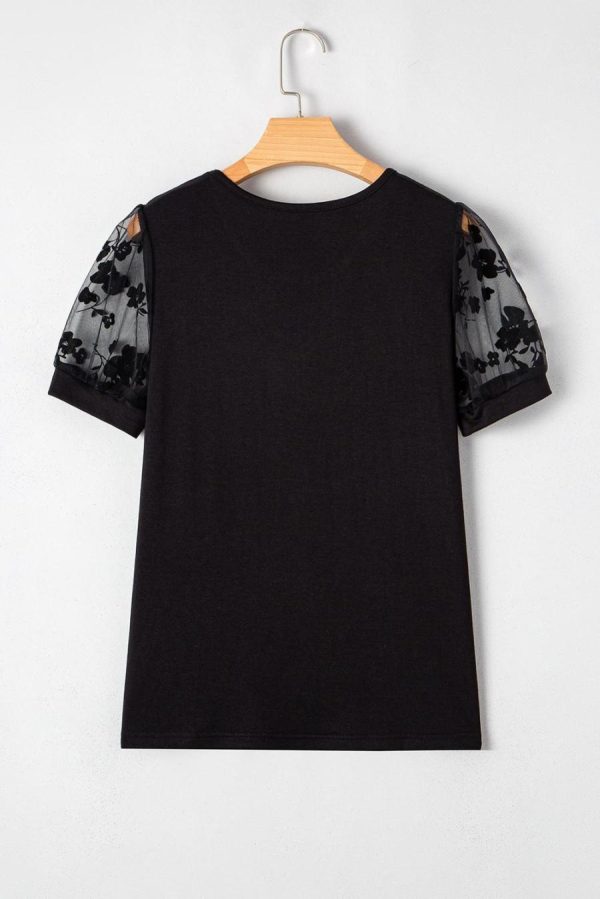 Women T Shirts | Black Floral Lace Patchwork Crew Neck T Shirt - Image 6