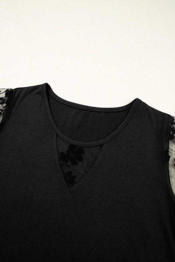 Women T Shirts | Black Floral Lace Patchwork Crew Neck T Shirt - Image 7