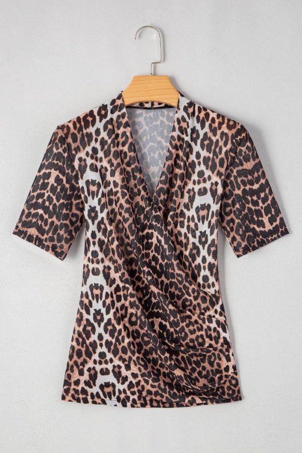 Women T Shirts | Black Leopard Wrapped V Neck Short Sleeve T Shirt - Image 2