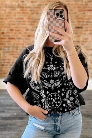 Women T Shirts | Black Paisley Print Crew Neck Loose Fit Graphic Tee