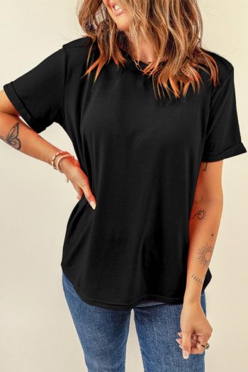 Women T Shirts | Black Solid Color Basic Crew Neck Plain Tee