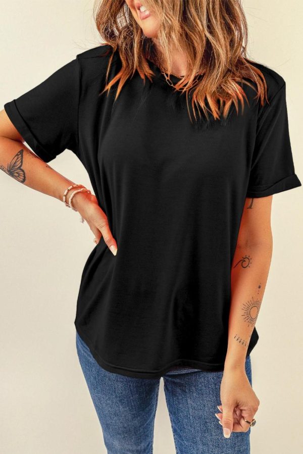 Women T Shirts | Black Solid Color Basic Crew Neck Plain Tee