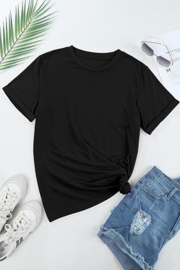Women T Shirts | Black Solid Color Basic Crew Neck Plain Tee - Image 2