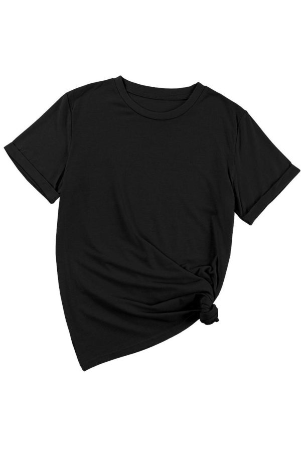 Women T Shirts | Black Solid Color Basic Crew Neck Plain Tee - Image 7