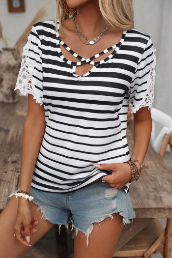 Women T Shirts | Black Stripe Criss Cross V Neck Lace Patchwork Sleeve T Shirt