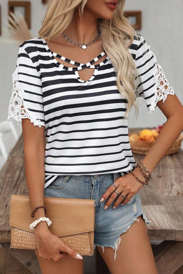Women T Shirts | Black Stripe Criss Cross V Neck Lace Patchwork Sleeve T Shirt - Image 2