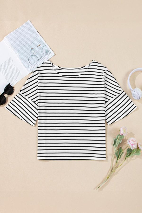 Women T Shirts | Black Stripe Half Sleeve Scoop Neck Loose Top