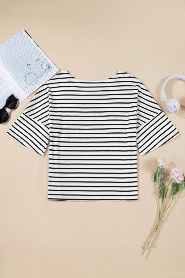 Women T Shirts | Black Stripe Half Sleeve Scoop Neck Loose Top - Image 2