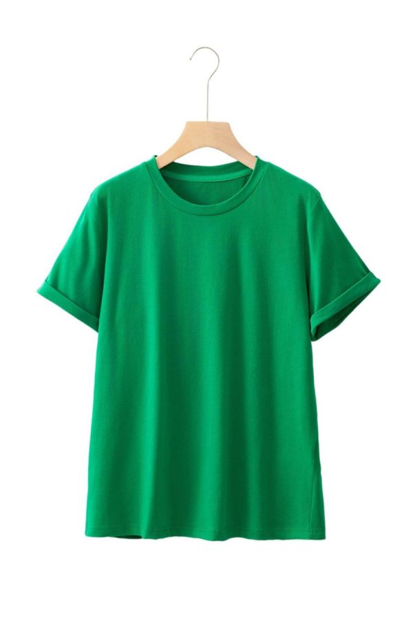 Women T Shirts | Bright Green Solid Color Basic Crew Neck Tee - Image 7