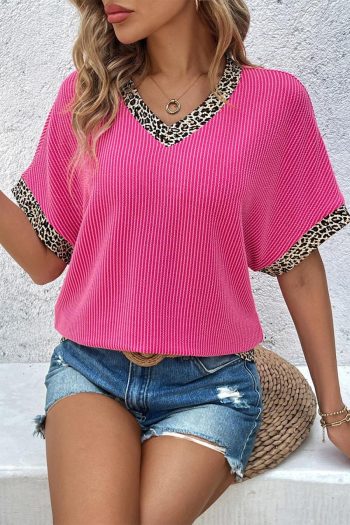 Women T Shirts | Bright Pink Leopard Patchwork Corded Texture V Neck T Shirt