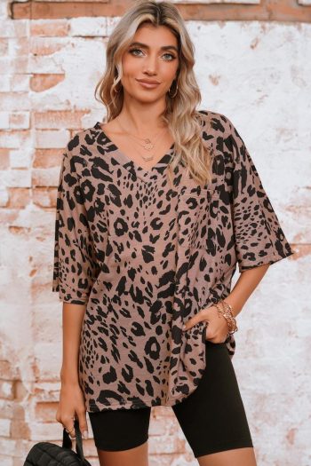 Women T Shirts | Brown Leopard Print V Neck Half Sleeve Oversized Tee