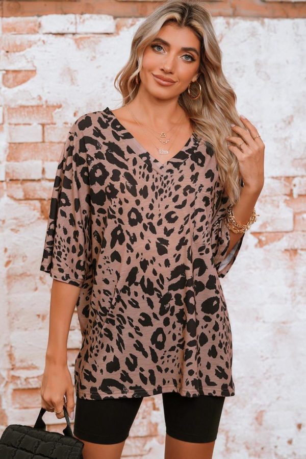 Women T Shirts | Brown Leopard Print V Neck Half Sleeve Oversized Tee - Image 2