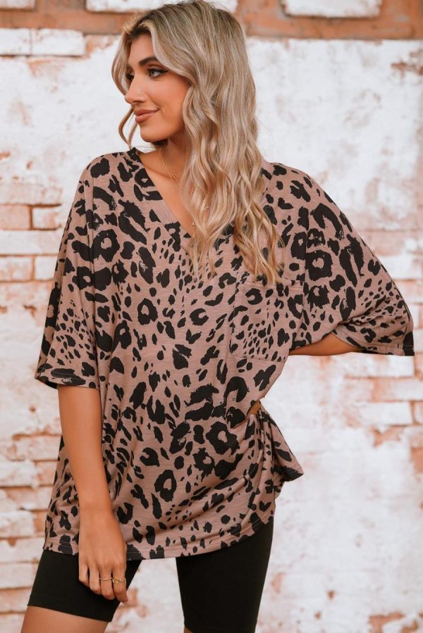 Women T Shirts | Brown Leopard Print V Neck Half Sleeve Oversized Tee - Image 3
