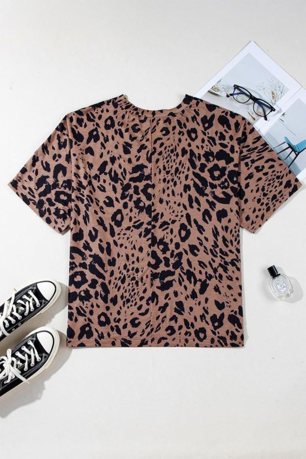 Women T Shirts | Brown Leopard Print V Neck Half Sleeve Oversized Tee - Image 5