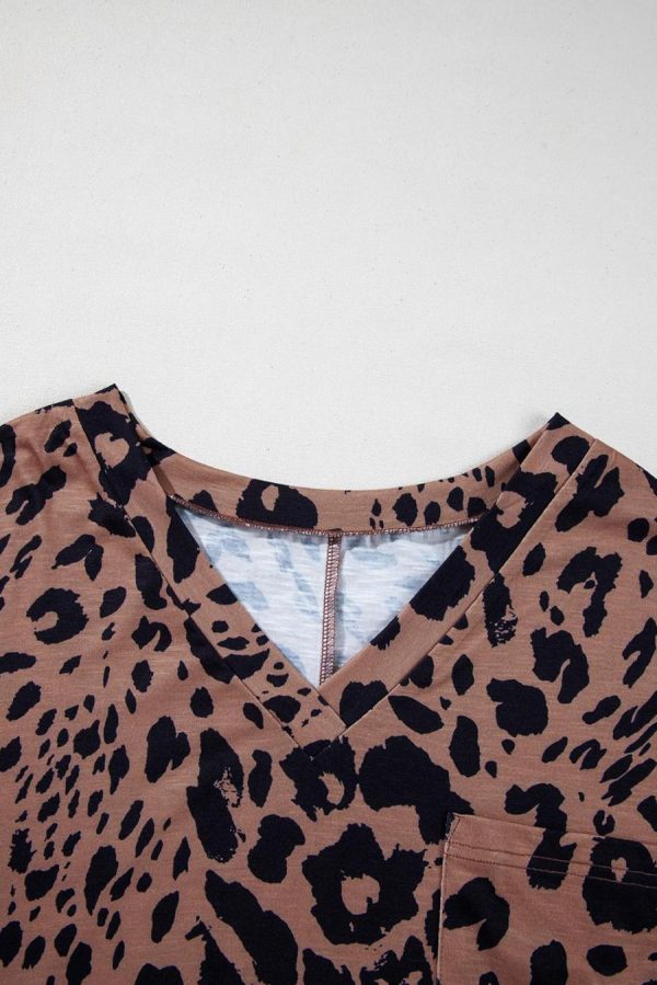 Women T Shirts | Brown Leopard Print V Neck Half Sleeve Oversized Tee - Image 6
