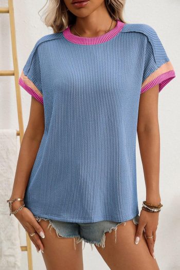 Women T Shirts | Dark Blue Colorblock Trim Corded Rib T Shirt