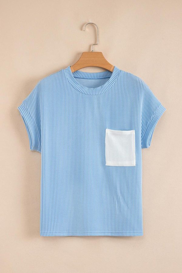 Women T Shirts | Dark Blue Corded Knit Color Block Pocketed Crew Neck T Shirt - Image 3