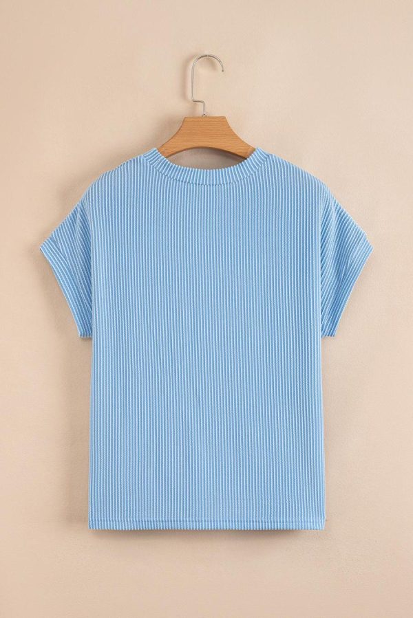 Women T Shirts | Dark Blue Corded Knit Color Block Pocketed Crew Neck T Shirt - Image 4