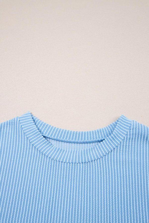 Women T Shirts | Dark Blue Corded Knit Color Block Pocketed Crew Neck T Shirt - Image 5