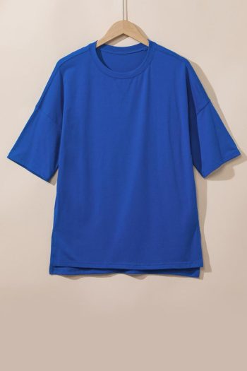 Women T Shirts | Dark Blue Solid Color Side Slit Tunic Top