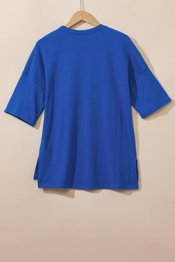 Women T Shirts | Dark Blue Solid Color Side Slit Tunic Top - Image 2