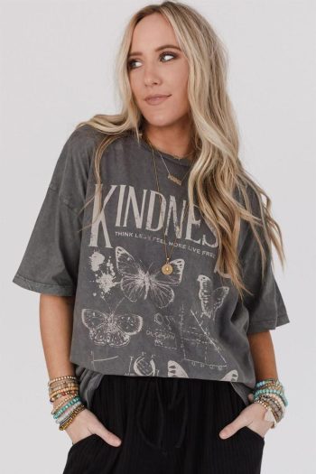 Women T Shirts | Dark Grey Kindness Butterflies Graphic Mineral Wash Loose Tee