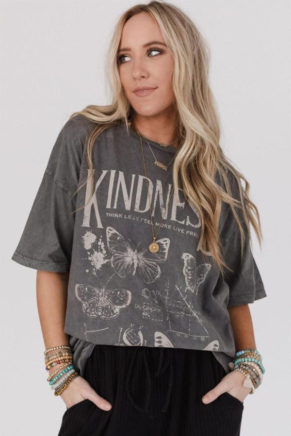 Women T Shirts | Dark Grey Kindness Butterflies Graphic Mineral Wash Loose Tee