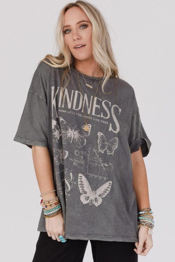 Women T Shirts | Dark Grey Kindness Butterflies Graphic Mineral Wash Loose Tee - Image 2