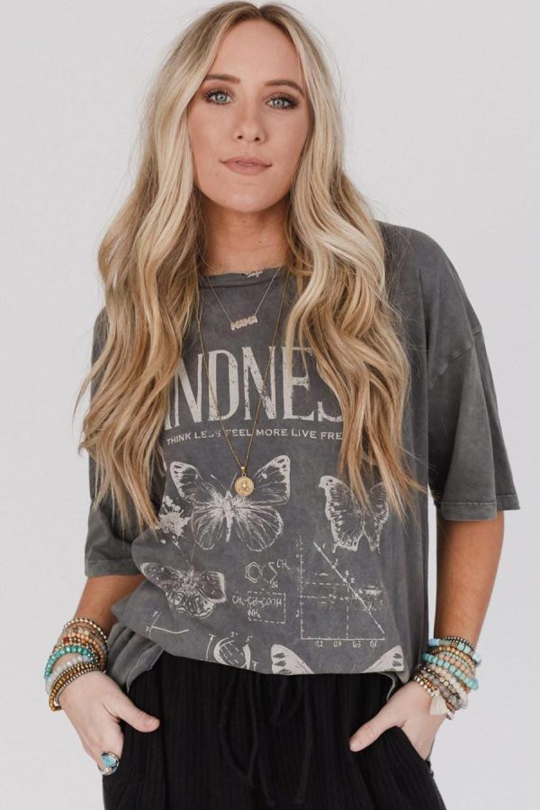 Women T Shirts | Dark Grey Kindness Butterflies Graphic Mineral Wash Loose Tee - Image 3
