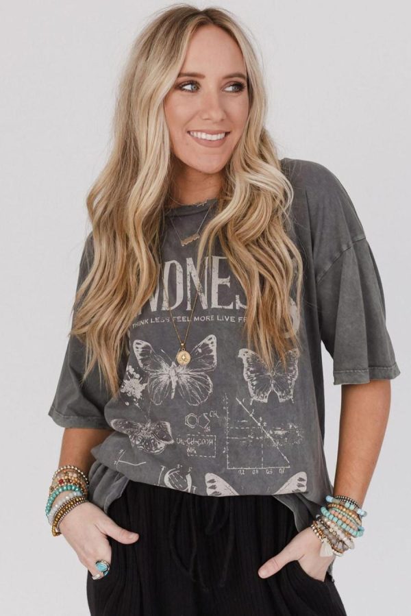 Women T Shirts | Dark Grey Kindness Butterflies Graphic Mineral Wash Loose Tee - Image 4