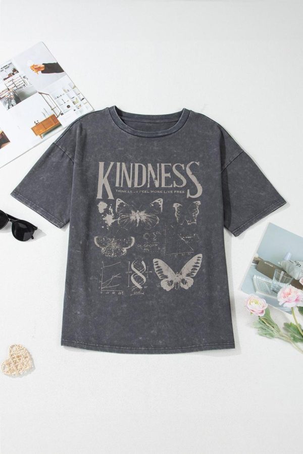Women T Shirts | Dark Grey Kindness Butterflies Graphic Mineral Wash Loose Tee - Image 5