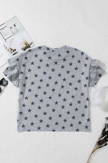 Women T Shirts | Gray Star Print Tiered Ruffle Sleeve Crew Neck T Shirt