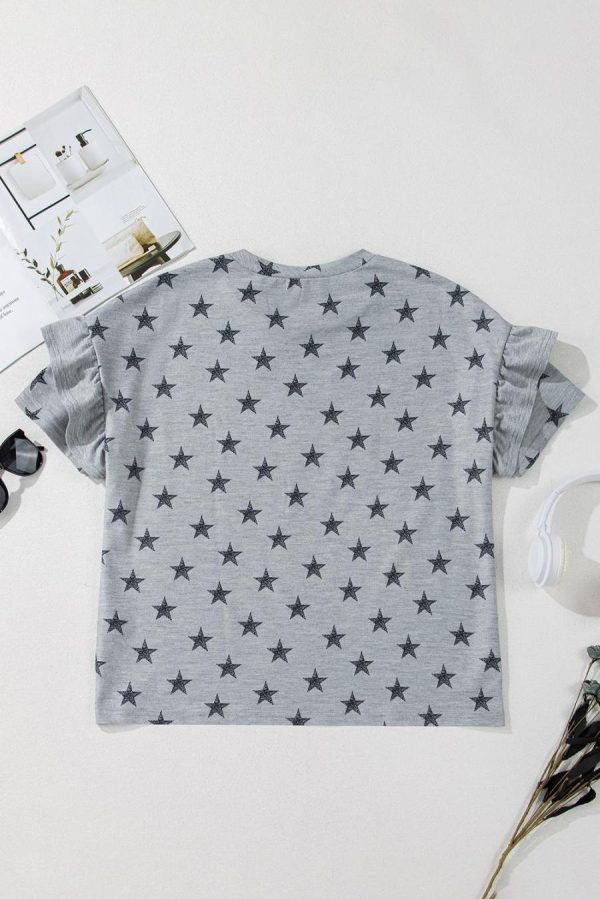 Women T Shirts | Gray Star Print Tiered Ruffle Sleeve Crew Neck T Shirt